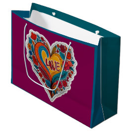 Sacola Para Presentes Grande Colorful Floral Heart Love | Romantic Design
