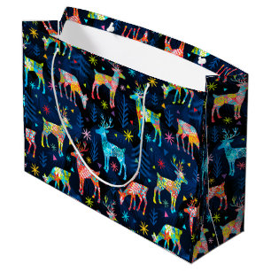 Sacola Para Presentes Grande Colorida Deer Chrismas, Floresta de Árvore Estrela