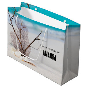 Sacola Para Presentes Grande Conchas brancas em um aniversário de praia tropica