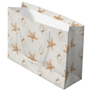 Sacola Para Presentes Grande Conchas de Estrela-do-Mar Creme Casamento na Praia