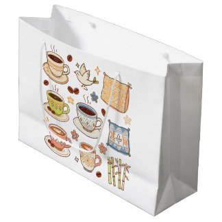 Sacola Para Presentes Grande Conjunto de Desenhos à Mão de Café e Arte Folclóri