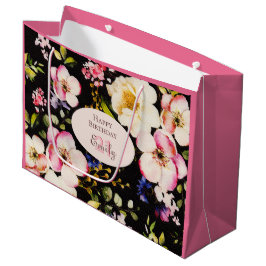 Sacola Para Presentes Grande Cor da Água Rosa e Rosas Amarelas em Preto, Aniver