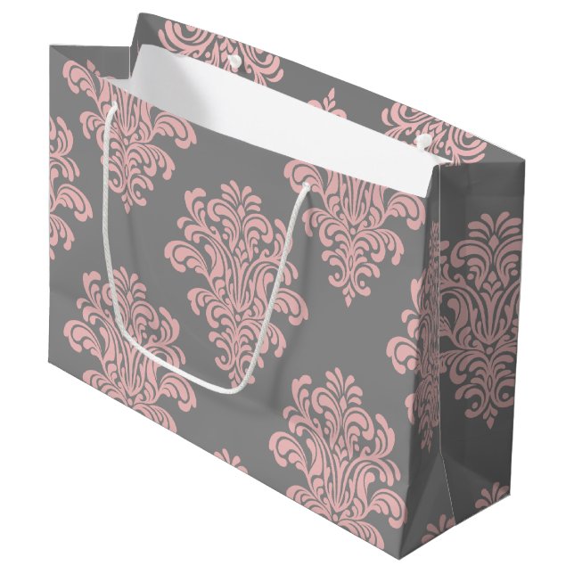 Sacola Para Presentes Grande Cor damasco rosa e Cinza (Frente inclinada)