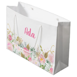 Sacola Para Presentes Grande Cor de água rosa e Dourada Floral