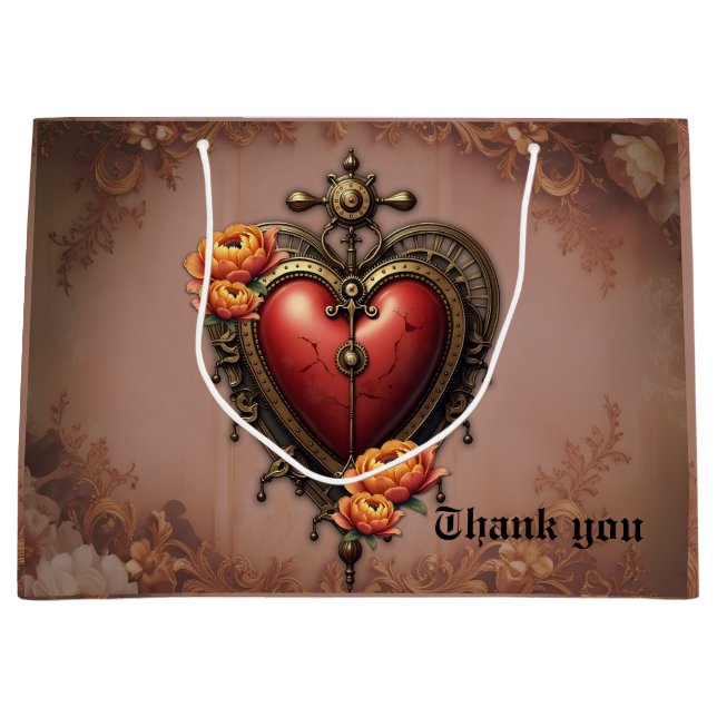 Sacola Para Presentes Grande Coração Steampunk com Flores. (Frente)