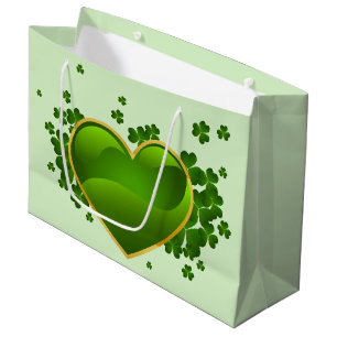 Sacola Para Presentes Grande Coração Verde Dourado com Shamrocks