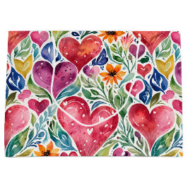 Sacola Para Presentes Grande Corações Coloridos e Flores