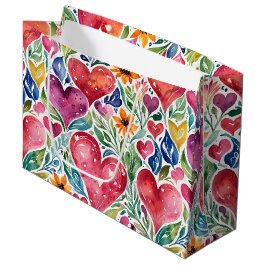 Sacola Para Presentes Grande Corações Coloridos e Flores
