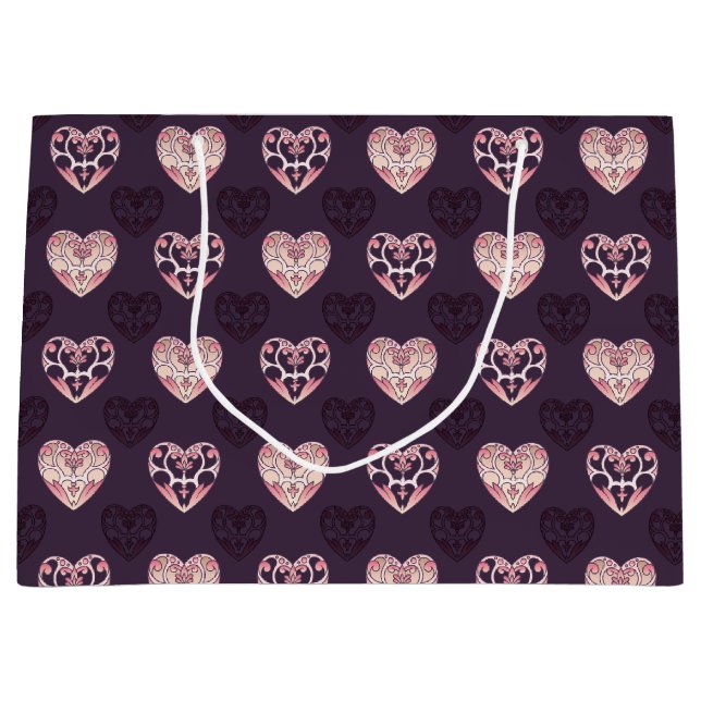 Sacola Para Presentes Grande Corações de Deco Rosa e Roxo Padrão (Frente)