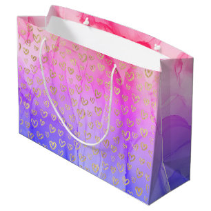 Sacola Para Presentes Grande Corações Dourados Púrpuros, Lindos, Girly Rosa
