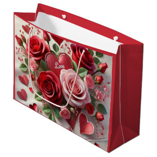 Sacola Para Presentes Grande Corações e Rosas Vermelhas Dia dos Namorados