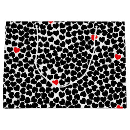 Sacola Para Presentes Grande Corações Pretos e Vermelhos em Branco