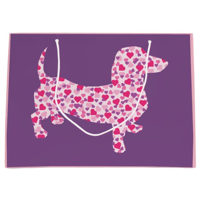 Sacola Para Presentes Grande Corações Rosa Dachshund (Frente)
