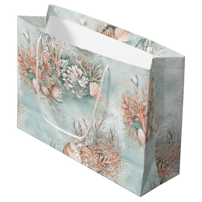Sacola Para Presentes Grande Coral Reef Seashells & Aqua Waves Pattern (10) (Frente inclinada)