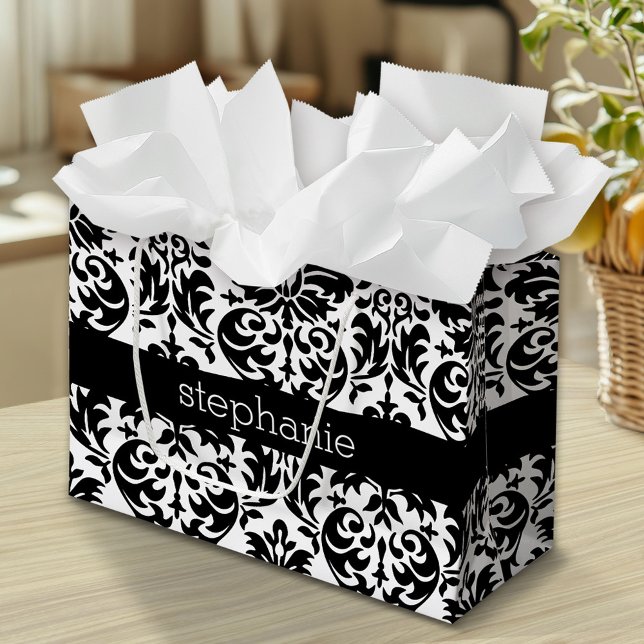 Sacola Para Presentes Grande Cores damasco elegantes com preto e branco (Custom Gift Bag)