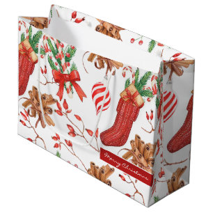 Sacola Para Presentes Grande Cores de Natal Canela e Padrão de menta-de-menta