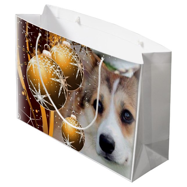 Sacola Para Presentes Grande Corgi do feriado com bulbos (Verso inclinado)