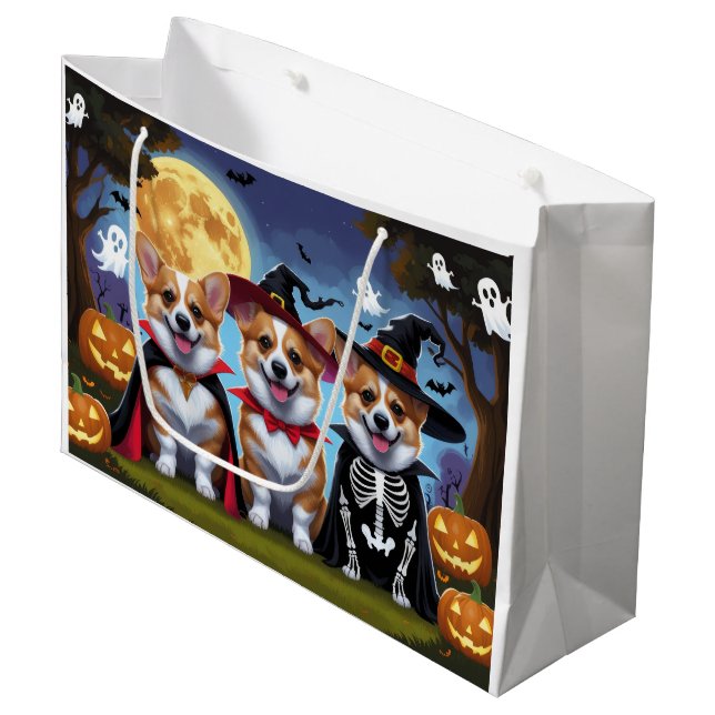 Sacola Para Presentes Grande Corgi Dogs Pumpkin Halloween Engraçado (Frente inclinada)