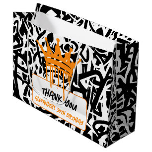Sacola Para Presentes Grande Coroa de Grafite Laranja Preto Aniversário Obrigad