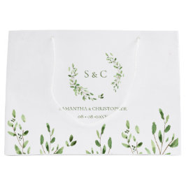 Sacola Para Presentes Grande Coroa de monograma de casamento com aguarela verde