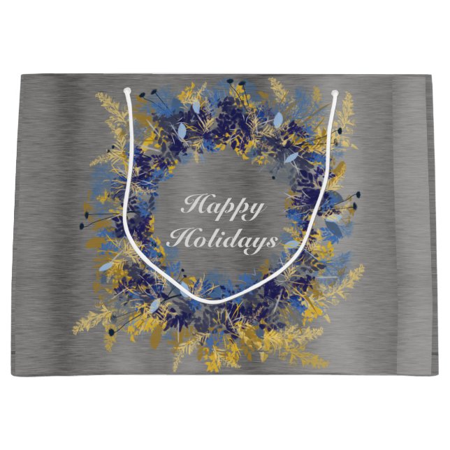 Sacola Para Presentes Grande Coroa Pintada Azul e Dourada (Frente)