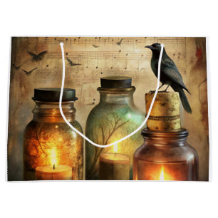Sacola Para Presentes Grande Corvo Iluminado por Velas com Garrafas Antigas e P