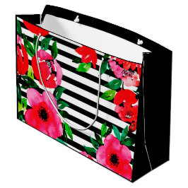 Sacola Para Presentes Grande Costeira Preppy | Listra Preta e Floral Peônia Cor
