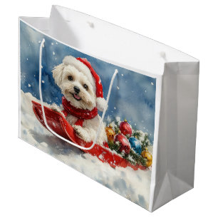 Sacola Para Presentes Grande Coton De Tulear no Trenó Deixe Nevar Natal