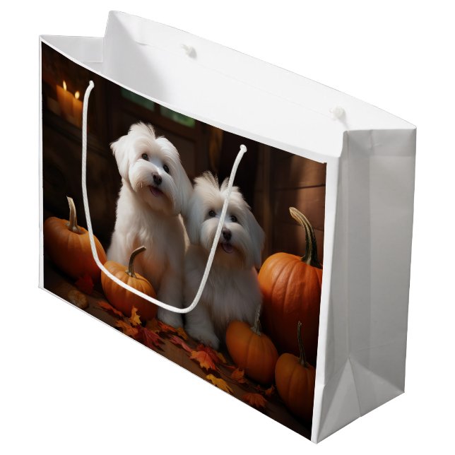 Sacola Para Presentes Grande Coton De Tulear Puppy Autumn Delight Pumpkin (Frente inclinada)