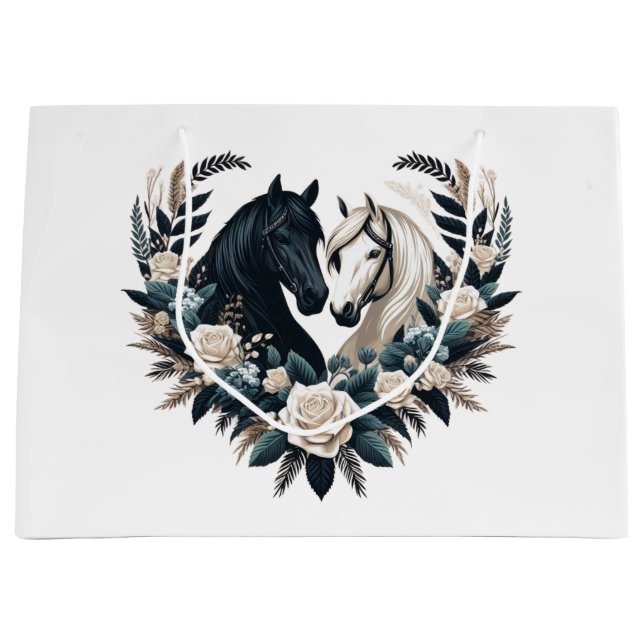Sacola Para Presentes Grande Country Black and White Horses in Love (Frente)