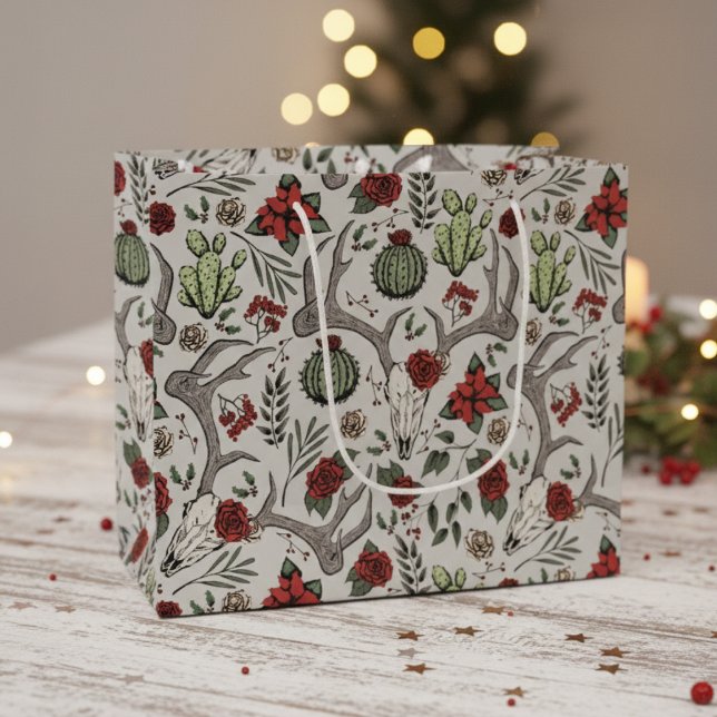 Sacola Para Presentes Grande Country Western Christmas Floral Reindeer Skull (Chic Country Christmas Gift Bags. Reindeer Skull, Poinsettias, Red Berries, Roses Goth Xmas Pattern)