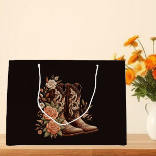 Sacola Para Presentes Grande Country Western Flowers com Boots de Cowboy