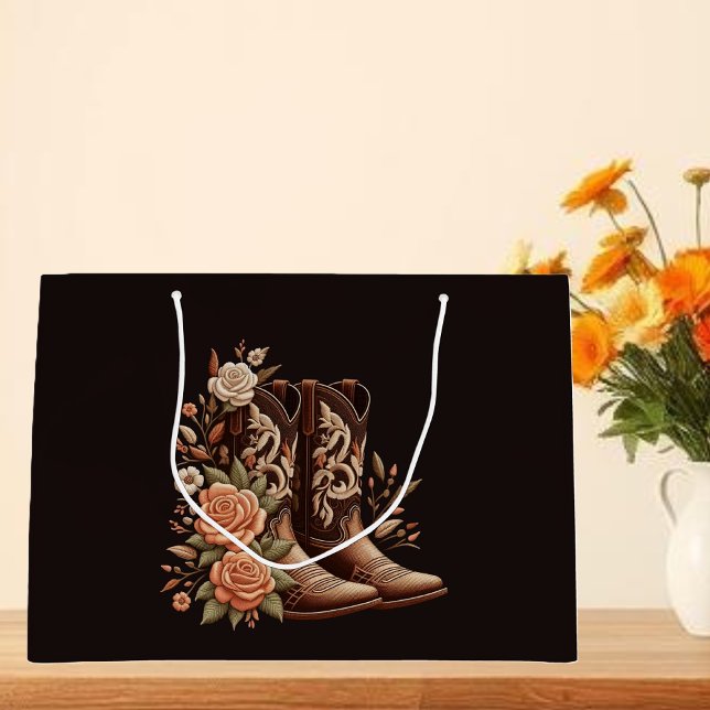 Sacola Para Presentes Grande Country Western Flowers com Boots de Cowboy (Country Western Flowers with Cowboy Boots Large Gift Bag )
