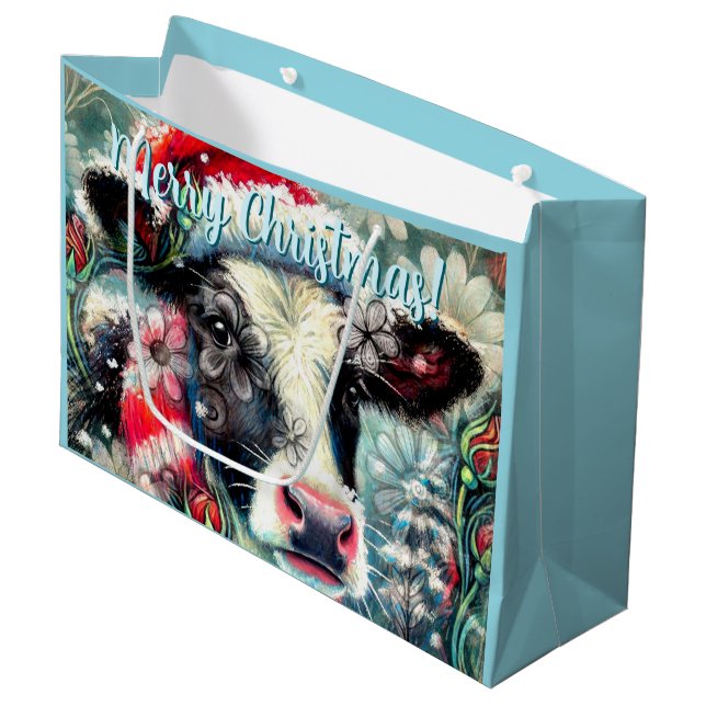 Sacola Para Presentes Grande Cow Dreaming of Warmer Times Floral Holiday (Frente inclinada)