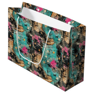 Sacola Para Presentes Grande Cowgirl Boots Stars Art Retro Patterno