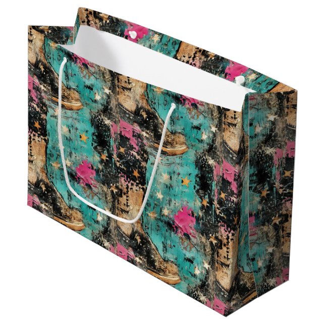 Sacola Para Presentes Grande Cowgirl Boots Stars Art Retro Patterno (Frente inclinada)