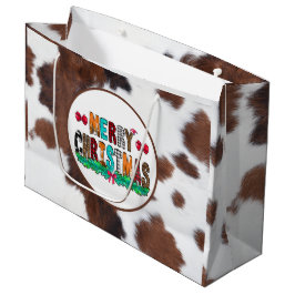 Sacola Para Presentes Grande Cowhide Brown White Feliz Natal