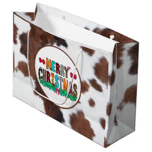 Sacola Para Presentes Grande Cowhide Brown White Feliz Natal