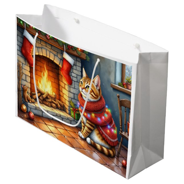 Sacola Para Presentes Grande Cozy Abyssinian Cat by Fireplace Christmas Lights (Frente inclinada)