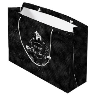 Sacola Para Presentes Grande Crachá de Natal Padrão de faixas de preto e bril