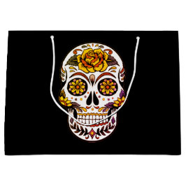 Sacola Para Presentes Grande Crânio de Rosa Amarelo em Preto