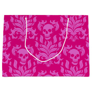 Sacola Para Presentes Grande Crânio Flame Damask em borblegum cor-de-rosa a ros