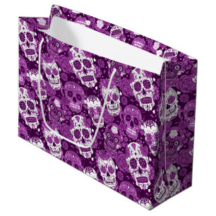 Sacola Para Presentes Grande Crânio roxo padrão floral ornamental