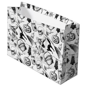 Sacola Para Presentes Grande Crânios Pumpkins Broomsticks Bats Halloween