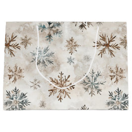 Sacola Para Presentes Grande Cream Blue Brown Snowflakes Christmas