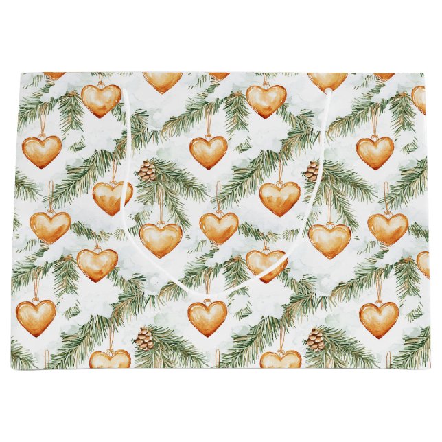 Sacola Para Presentes Grande Creamy Caramel Hearts Christmas Tree Branches (Frente)
