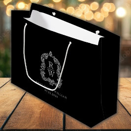 Sacola Para Presentes Grande Crest de Monograma Casamento Preto e Branco Empoei