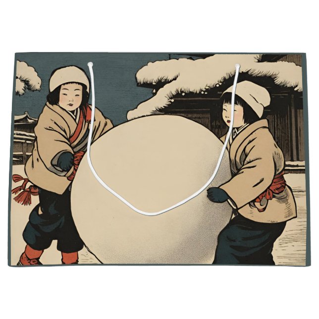 Sacola Para Presentes Grande Crianças japonesas rolando grandes bolas de neve (Frente)
