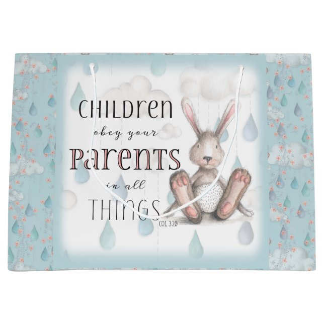 Sacola Para Presentes Grande Crianças Obedecem Seus Pais - Col. 3:20 - Azul (Frente)