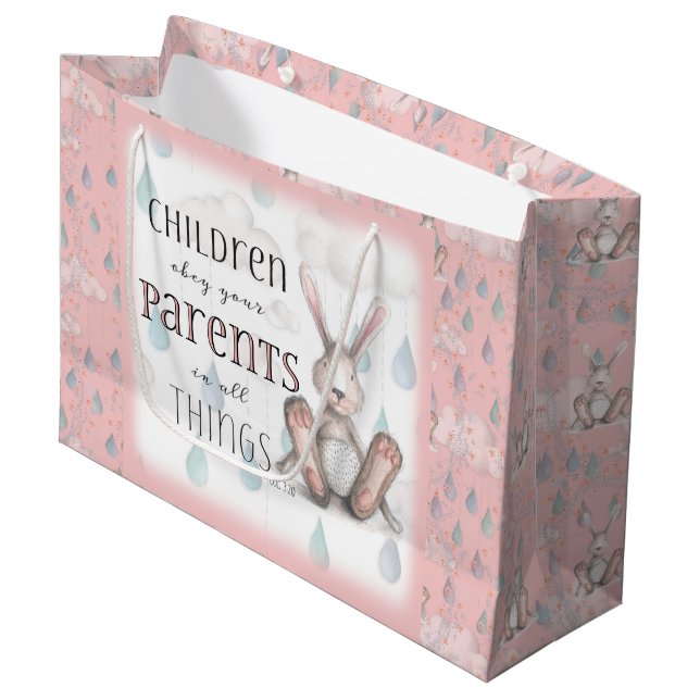 Sacola Para Presentes Grande Crianças Obedecem Seus Pais - Col. 3:20 - Rosa (Frente inclinada)